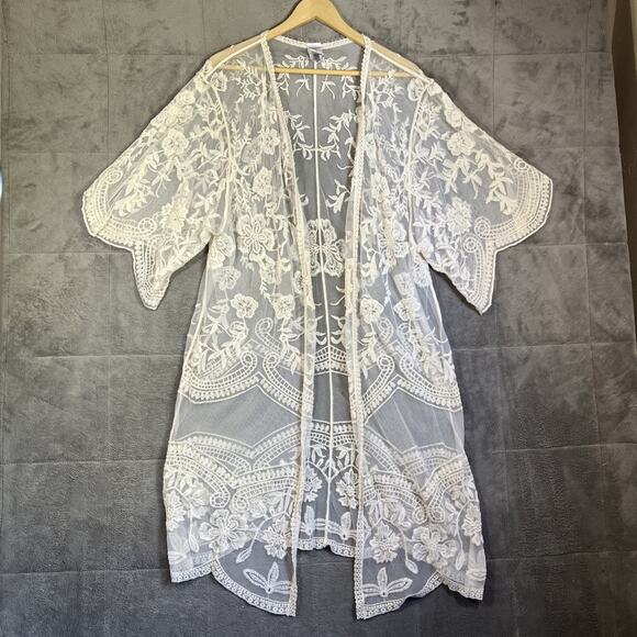 Cream Lace Long Open Kimono Coverup S/M Gypsy Festival Fairy Coastal Cowgirl - Picture 1 of 8